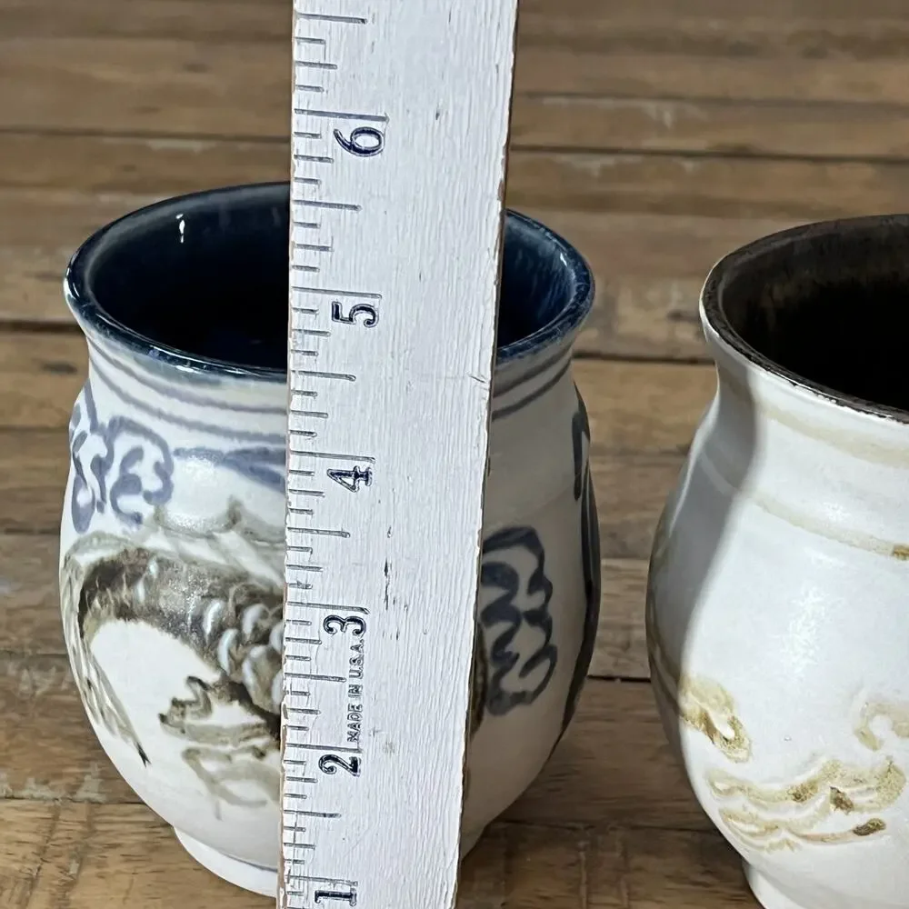 Japanese Okinawan Tsuboya-yaki Studio Pottery Cups Yunomi Fish & Rabbit Motif